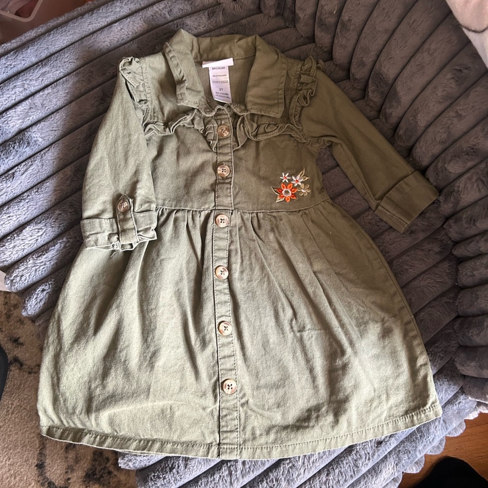 Little Lass Olive Dress with Floral Detail